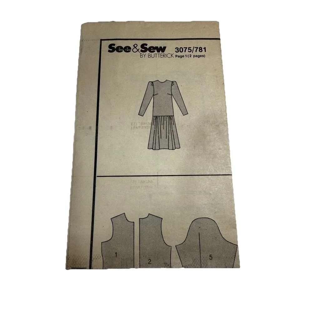 VTG Butterick 3075 Dress Sewing Pattern Sz 6-14 Drop Waist Puff Sleeve 80s Cut